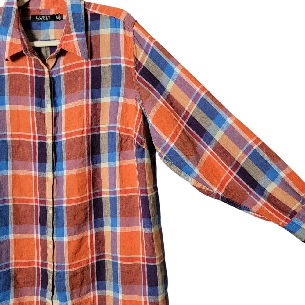 Ralph Lauren LRL Womens Black Label Plaid Linen Long Sleeve Button Up Shirt 2X - Picture 6 of 10